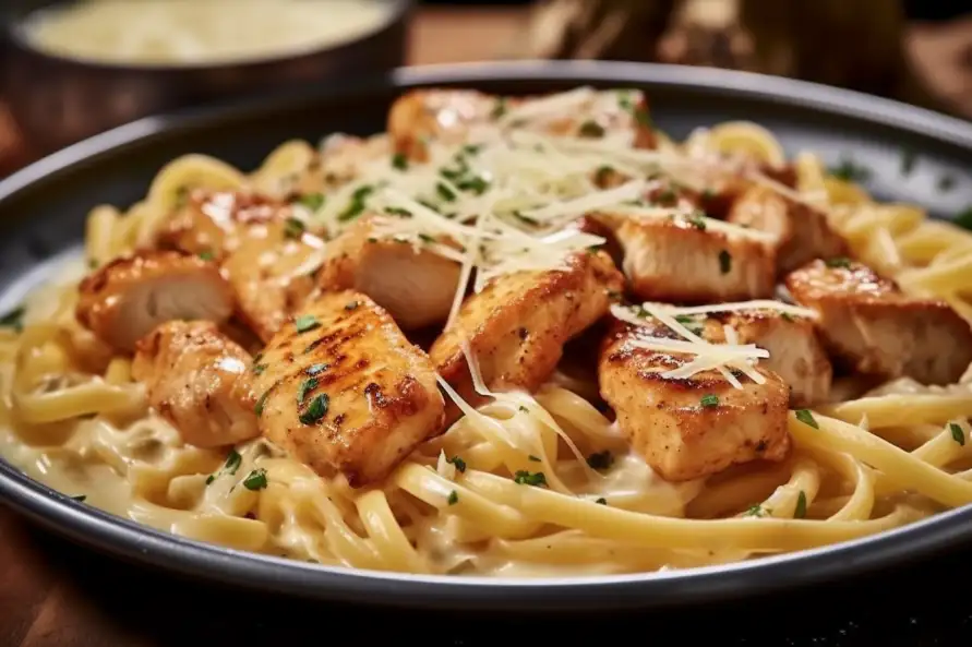 Golden Garlic Chicken Bites over Creamy Parmesan Pasta