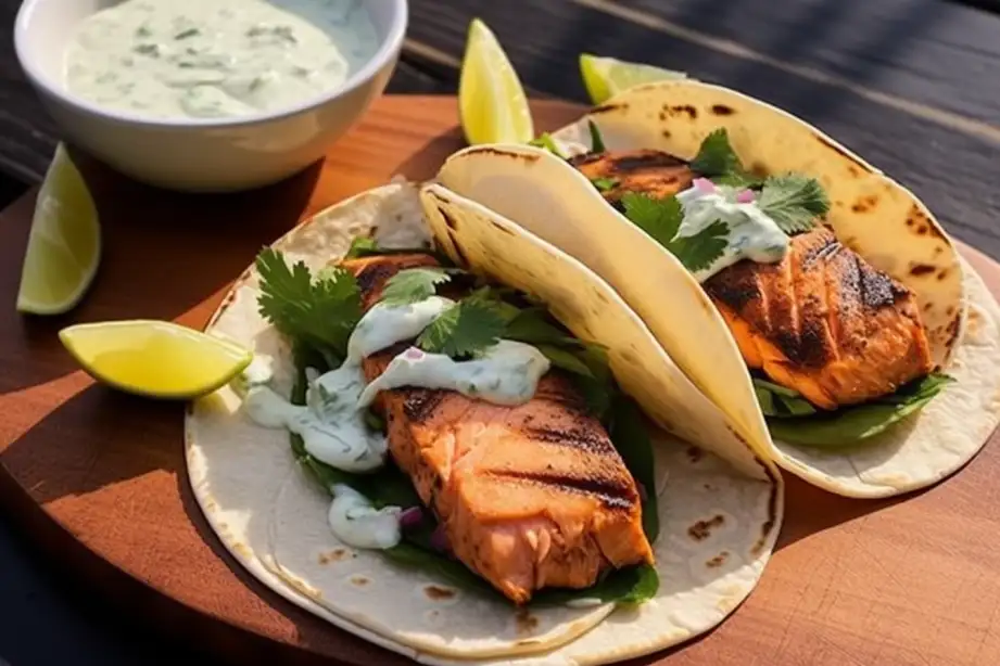 Grilled Salmon Tacos with Cilantro Lime Crema