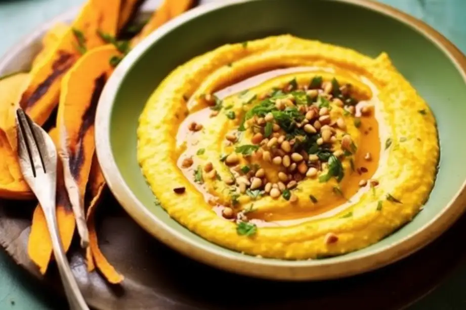 Sweet Potato Hummus with Onion, Tahini, and Toasted Sunflower Seeds