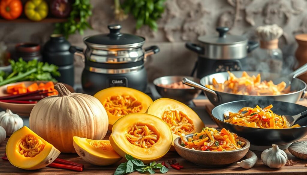 Chinese-style vegan kabocha squash dishes being prepared in a rustic kitchen, with fresh squash, vegetables, and steaming pots.