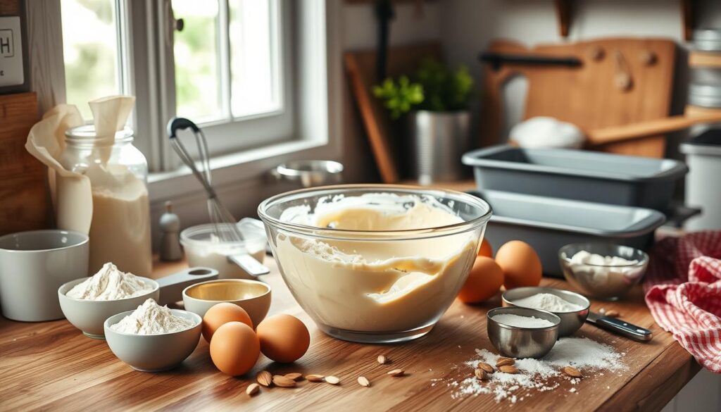 A kitchen scene with ingredients and batter for making Lewis keto bread, including eggs, almond flour, and baking trays.