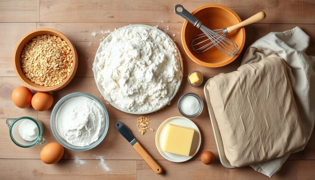 Ingredients for making Lewis keto bread, including almond flour, eggs, butter, and baking essentials on a wooden countertop.