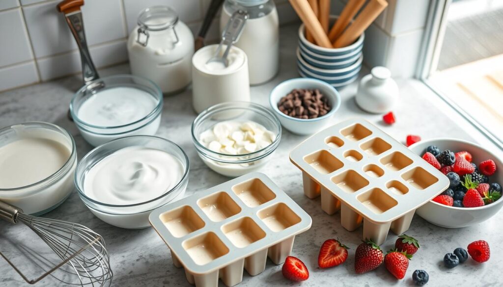 Keto ice cream bar molds on a countertop, surrounded by ingredients like cream, chocolate chips, and fresh berries.