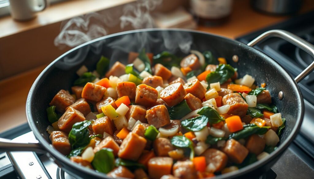 Sausage and Vegetable Cooking for Breakfast Burrito