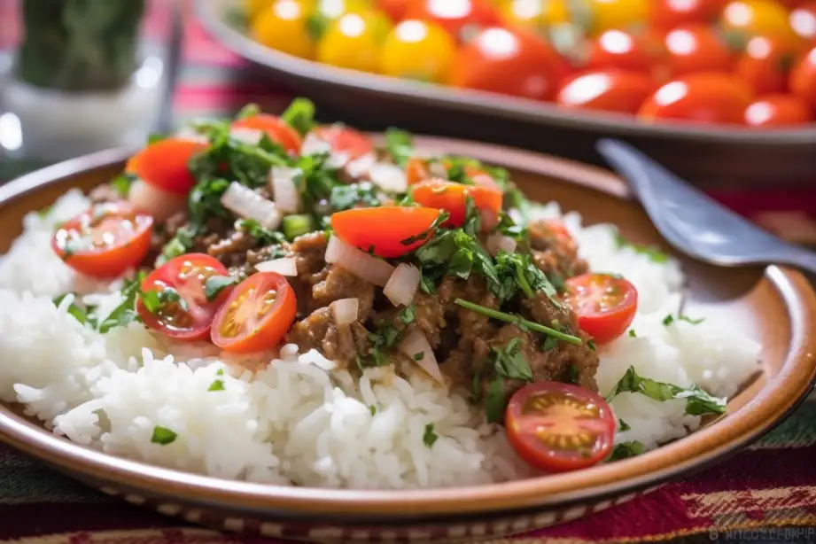 Close-up of the Terra Massoud recipe served with seasoned ground lamb, fresh diced tomatoes, and basmati rice, garnished with chopped cilantro