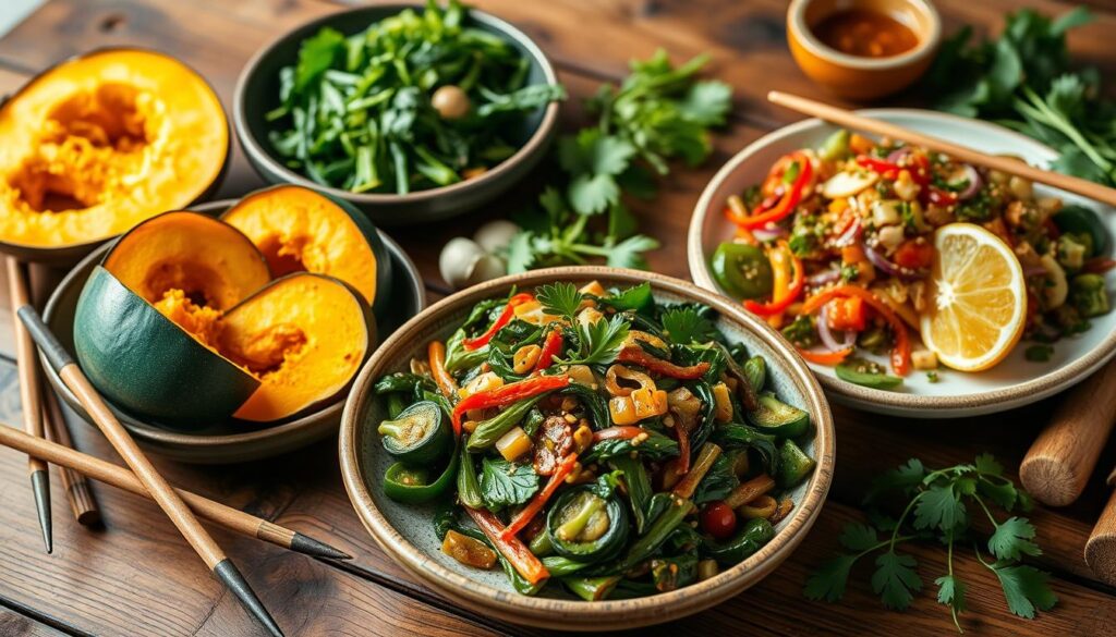 Vegan Chinese kabocha squash dishes served in bowls, garnished with fresh herbs, chili, and citrus.