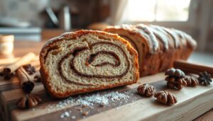 Homemade cinnamon swirl bread with a golden crust, dusted with powdered sugar, sliced to reveal its soft and flavorful interior.