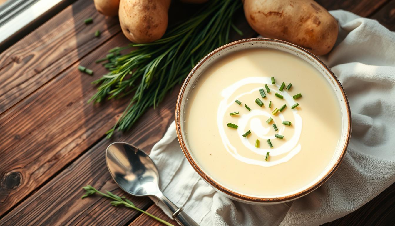 Creamy Benignis potato soup served with fresh chives and a swirl of cream