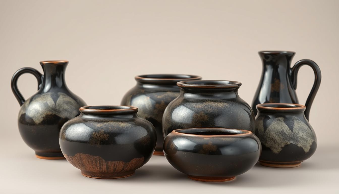 A collection of beautifully crafted black pottery pieces with a natural glaze finish