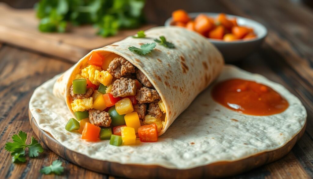 Delicious homemade breakfast burrito filled with scrambled eggs, sausage, bell peppers, and cheese, served with a side of dipping sauce.