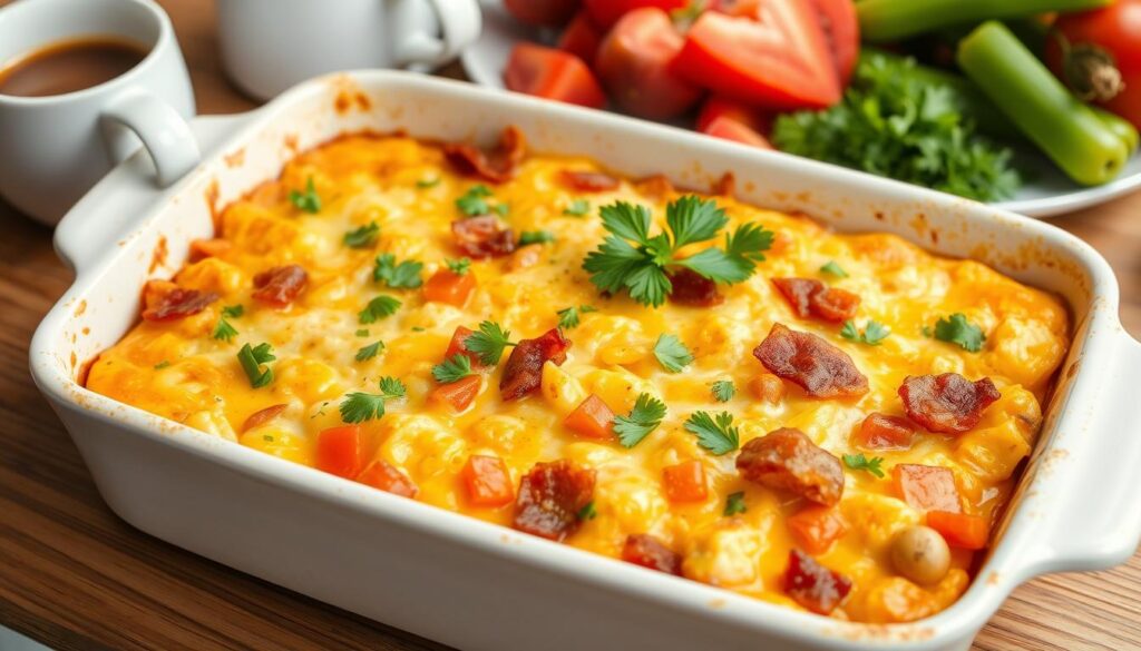 Delicious homemade breakfast casserole with eggs, cheese, bacon, and fresh vegetables, baked to perfection in a white dish.