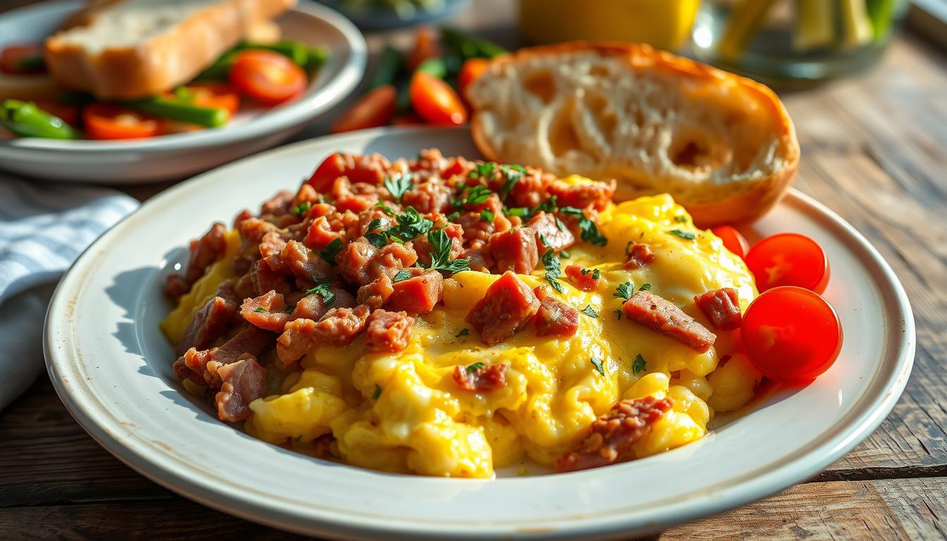 Scrambled eggs with canned corn beef, garnished with fresh herbs and served with a side of bread and vegetables