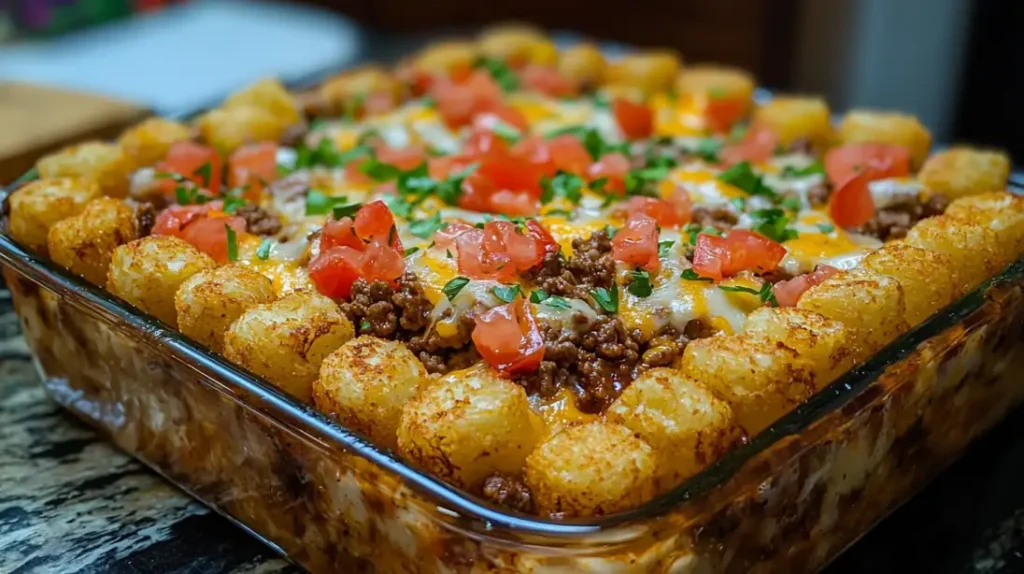 A classic ground beef taco tater tot casserole recipe.