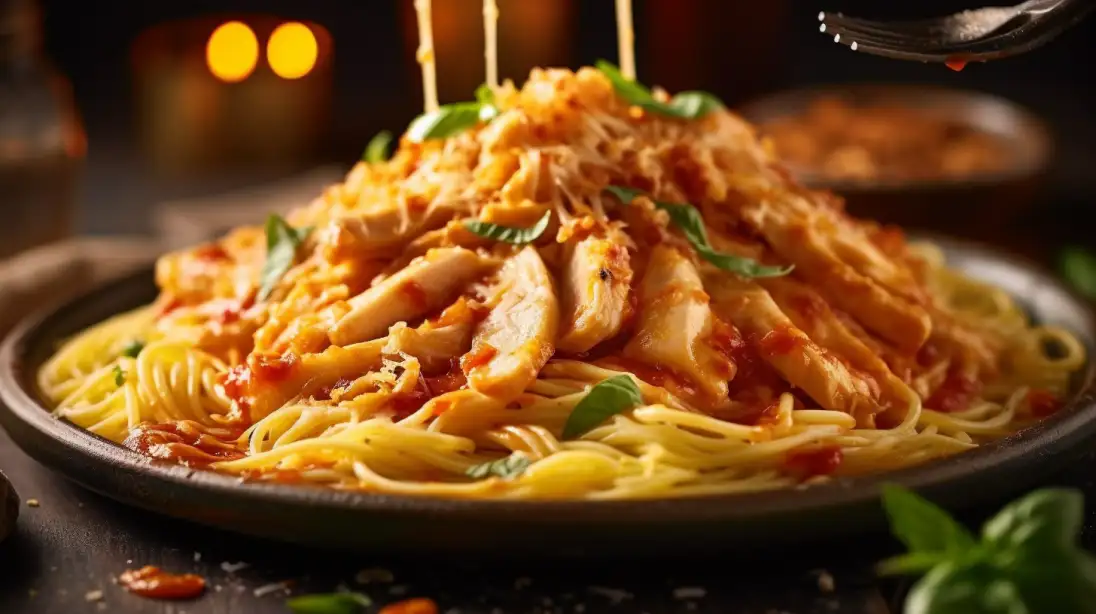 Delicious homemade chicken spaghetti with cherry tomatoes and fresh parsley