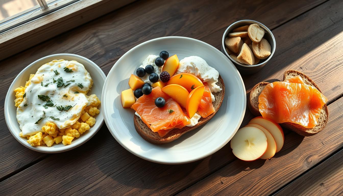 Nutritious high-protein breakfast with smoked salmon toast, scrambled eggs with sauce, and fresh fruits on a wooden table.