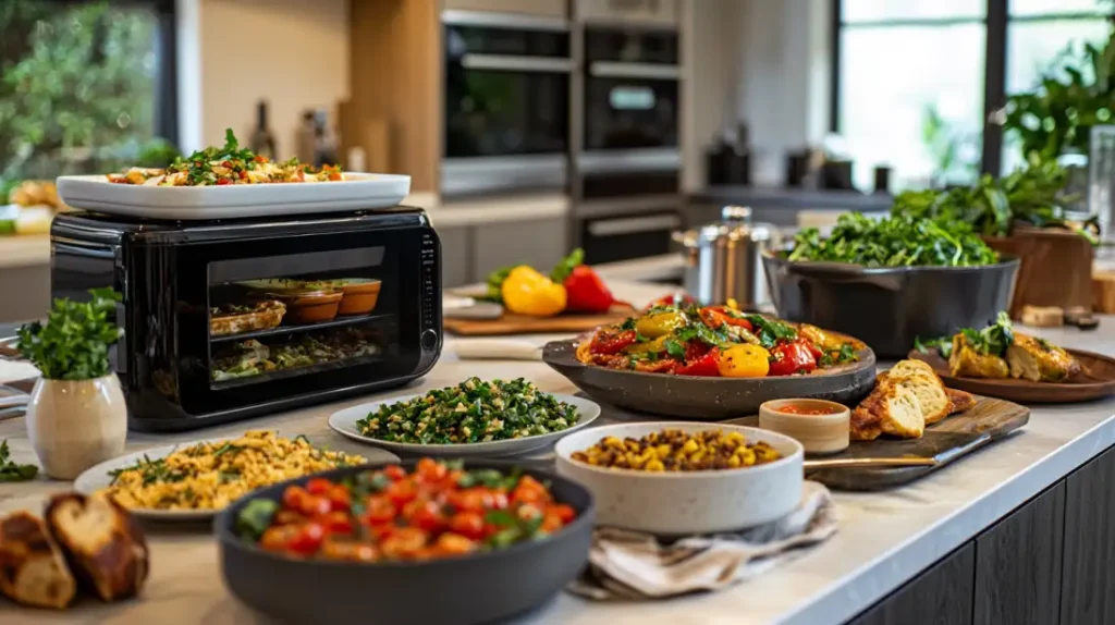 Diverse ninja foodi recipes displayed around the appliance.