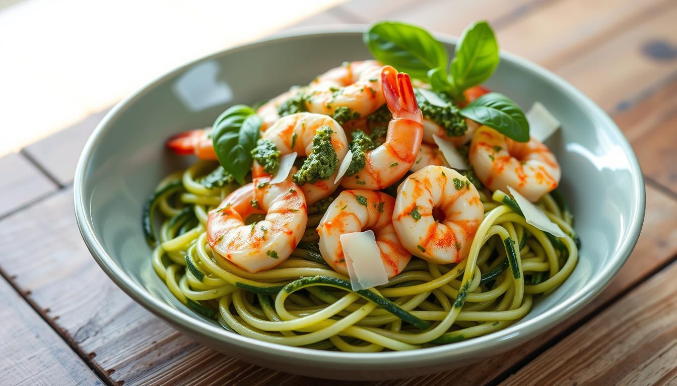 Pesto Langostino Zucchini and Pasta with shrimp and fresh basil