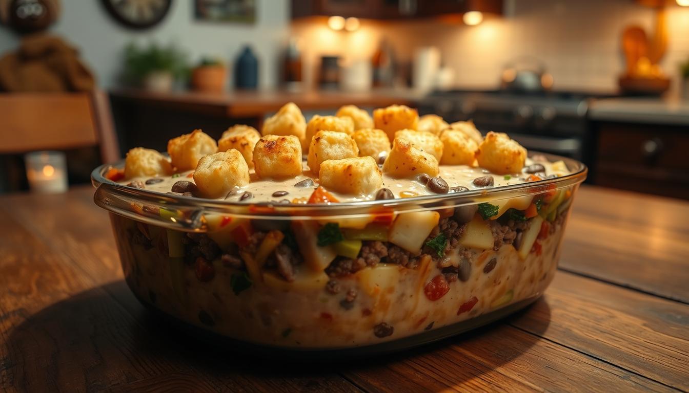 A delicious hotdish casserole topped with crispy tater tots, showcasing the Rick Nolan hotdish recipe