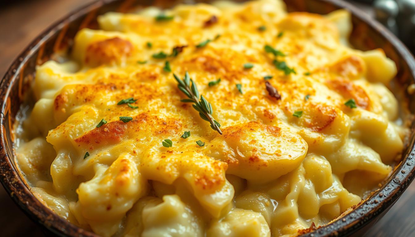 Creamy scalloped potatoes topped with melted cheese, golden and bubbly from the cheese powder recipe