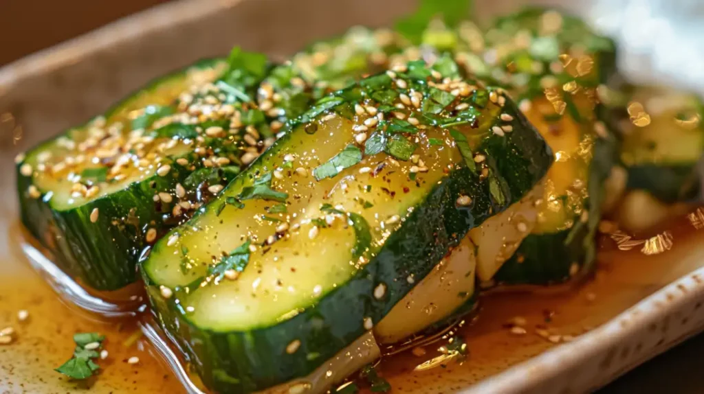 Close up of a single din tai fung cucumber