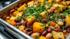 Recipe squash and kidney beans dish with fresh herbs