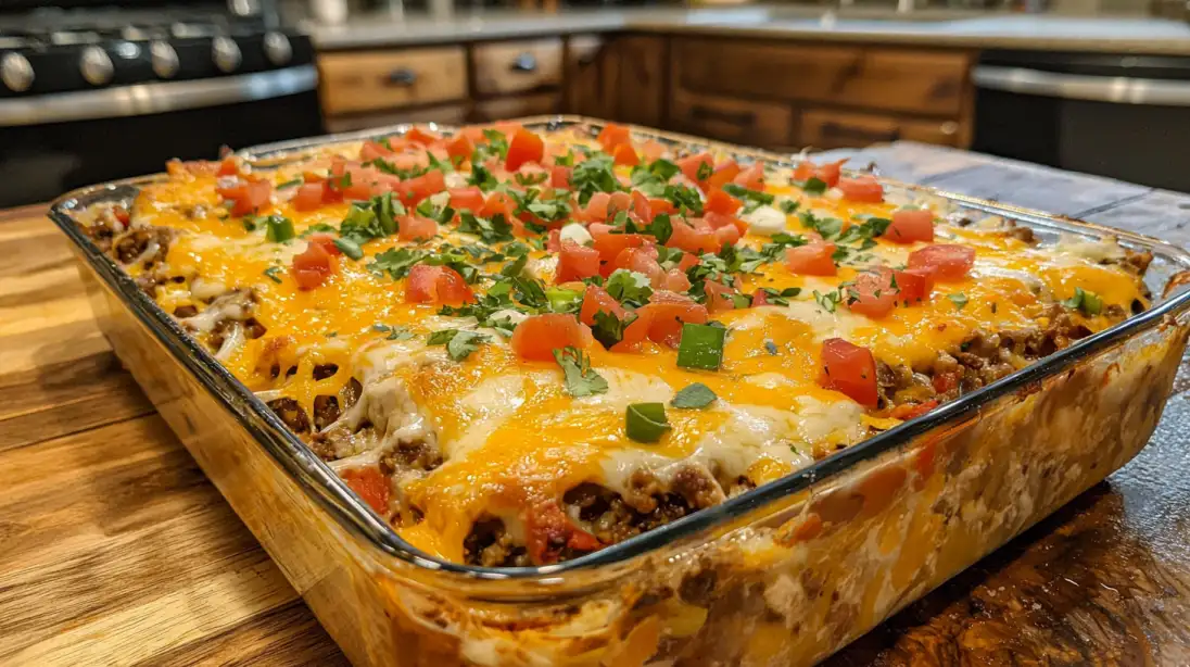 Walking taco casserole recipe, baked to perfection