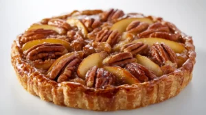 A golden-brown apple and pecan Danish pastry tart with a glossy caramelized topping