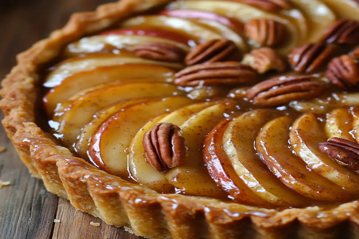 Apple and pecan Danish pastry tart with caramelized apples and roasted pecans on top