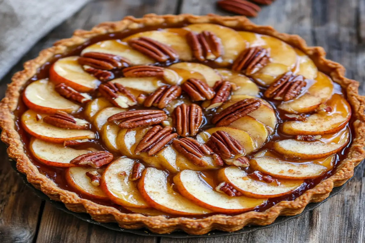 Apple and pecan Danish pastry tart with a caramel glaze, beautifully arranged with sliced apples and pecans