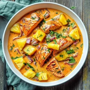 Salmon pineapple curry with creamy coconut sauce in a bowl