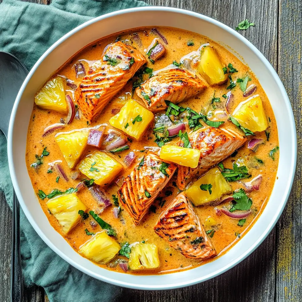 Salmon pineapple curry with creamy coconut sauce in a bowl