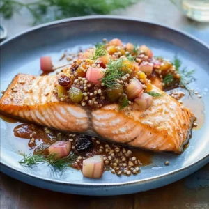 Grilled salmon fillet served with rhubarb chutney and fresh dill