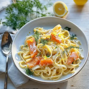 Fettuccine with smoked salmon, lemon zest, and cream sauce in a white bowl
