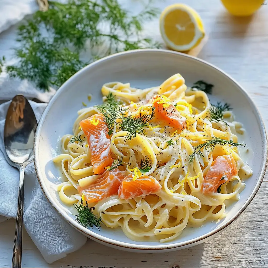 Fettuccine with smoked salmon, lemon zest, and cream sauce in a white bowl