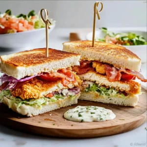 Chicken cutlet club sandwich with bacon, cabbage, and ranch dressing on toasted bread