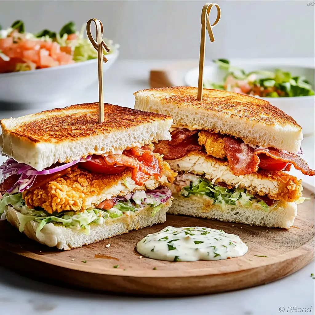 Chicken cutlet club sandwich with bacon, cabbage, and ranch dressing on toasted bread