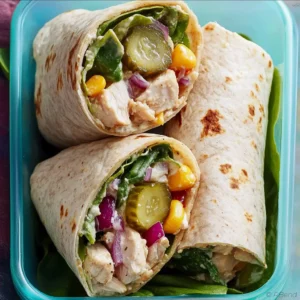Sweet and tangy chicken wrap with greens and pickles in whole wheat tortillas