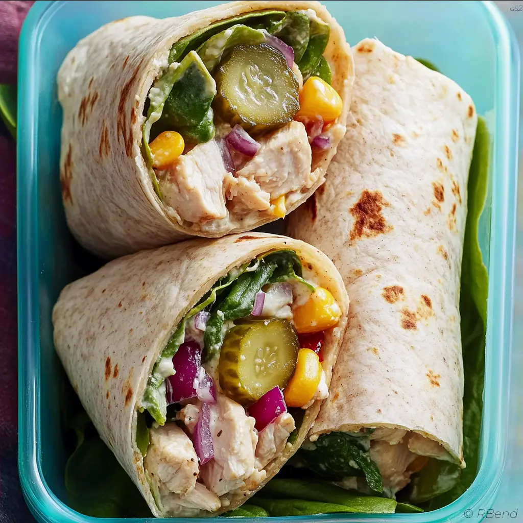 Sweet and tangy chicken wrap with greens and pickles in whole wheat tortillas