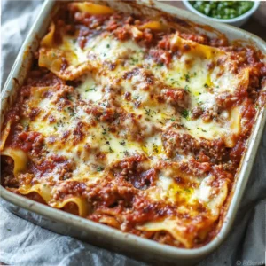 Baked Yotam Ottolenghi lasagna with golden cheese crust and fresh green salsa on the side