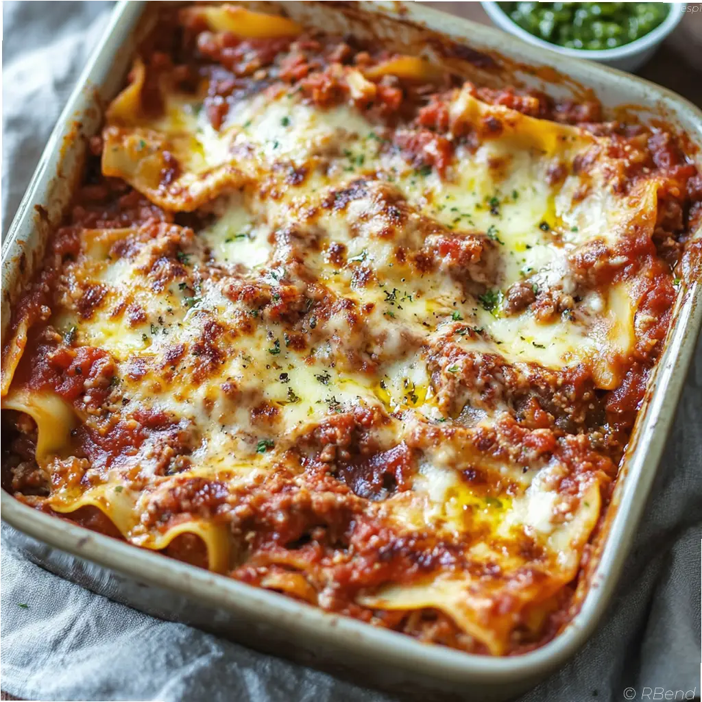 Baked Yotam Ottolenghi lasagna with golden cheese crust and fresh green salsa on the side