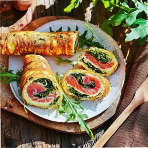 Sliced smoked salmon rolled omelette with cream cheese and arugula on a white plate