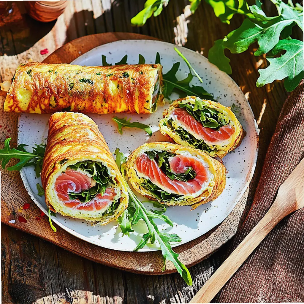 Sliced smoked salmon rolled omelette with cream cheese and arugula on a white plate