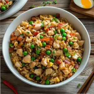 Airfryer chicken fried rice with crispy bacon, peas, and sliced red chili served on a white plate