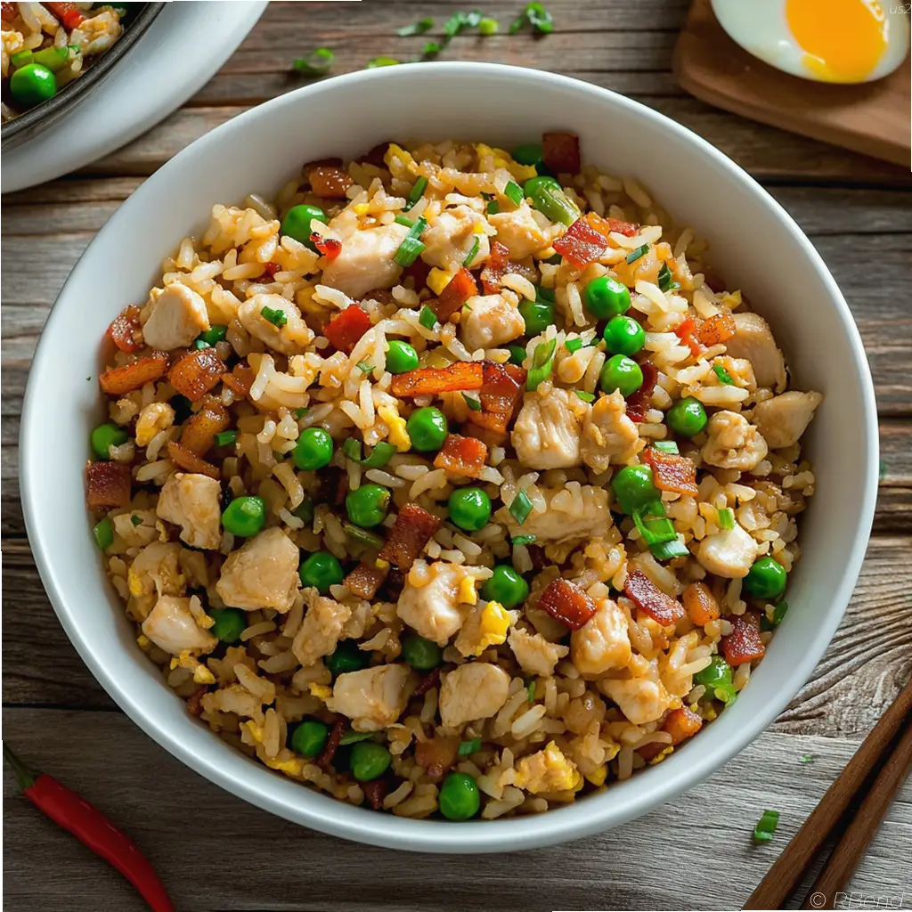 Airfryer chicken fried rice with crispy bacon, peas, and sliced red chili served on a white plate