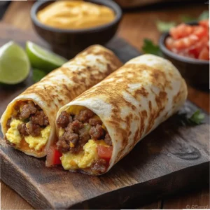 Burrito filled with scrambled eggs, sausage, cheddar cheese, and diced tomato