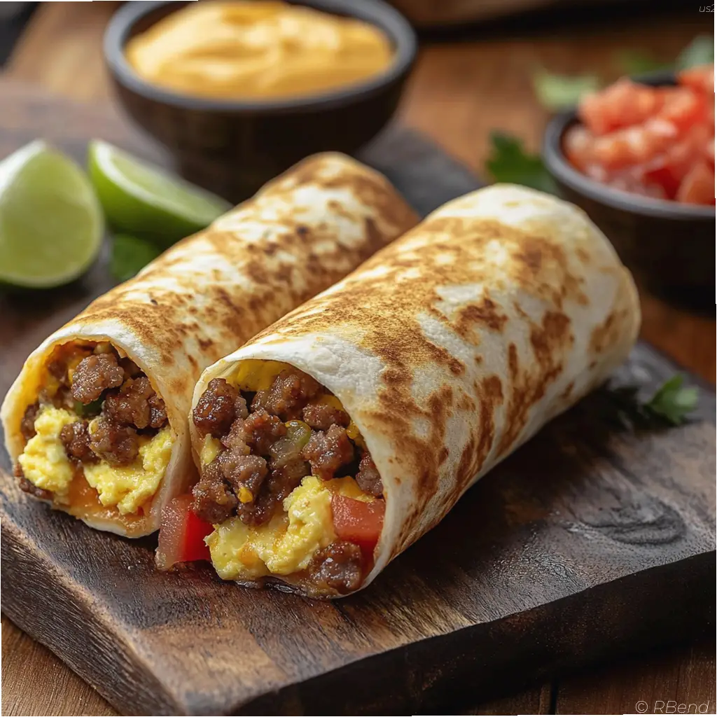 Burrito filled with scrambled eggs, sausage, cheddar cheese, and diced tomato