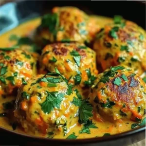 Golden baked carrot chickpea curry meatballs in creamy coconut sauce garnished with fresh coriander