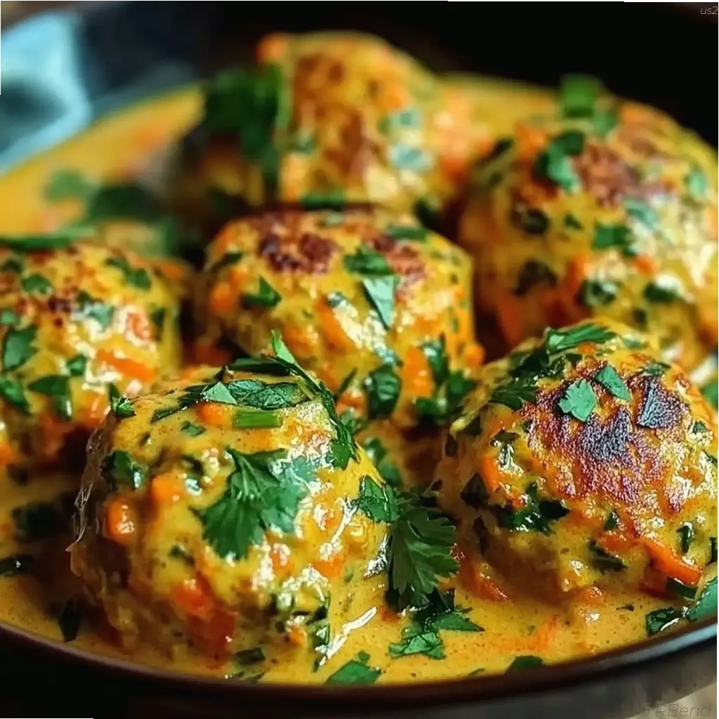 Golden baked carrot chickpea curry meatballs in creamy coconut sauce garnished with fresh coriander