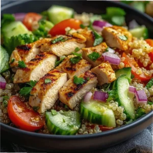 Fresh chicken quinoa salad with avocado cucumber tomato and cilantro in a white bowl