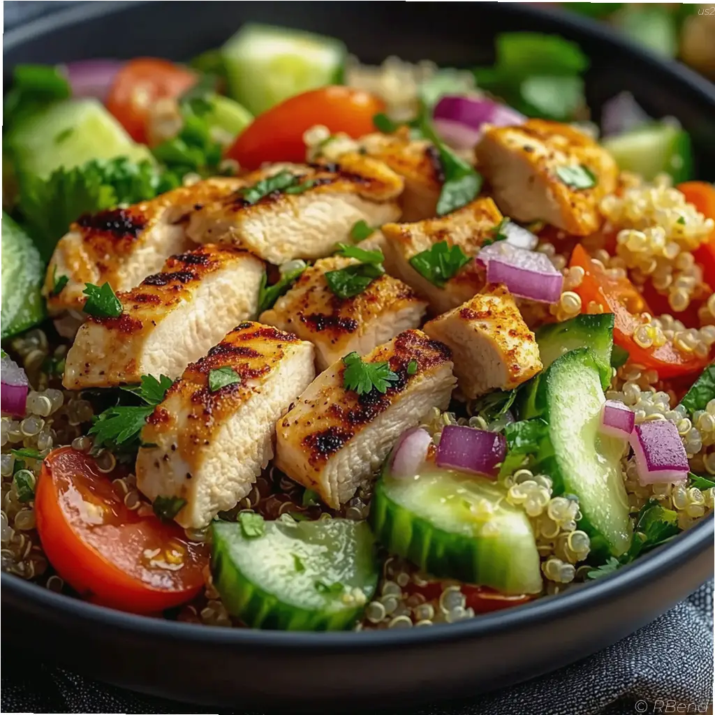Fresh chicken quinoa salad with avocado cucumber tomato and cilantro in a white bowl